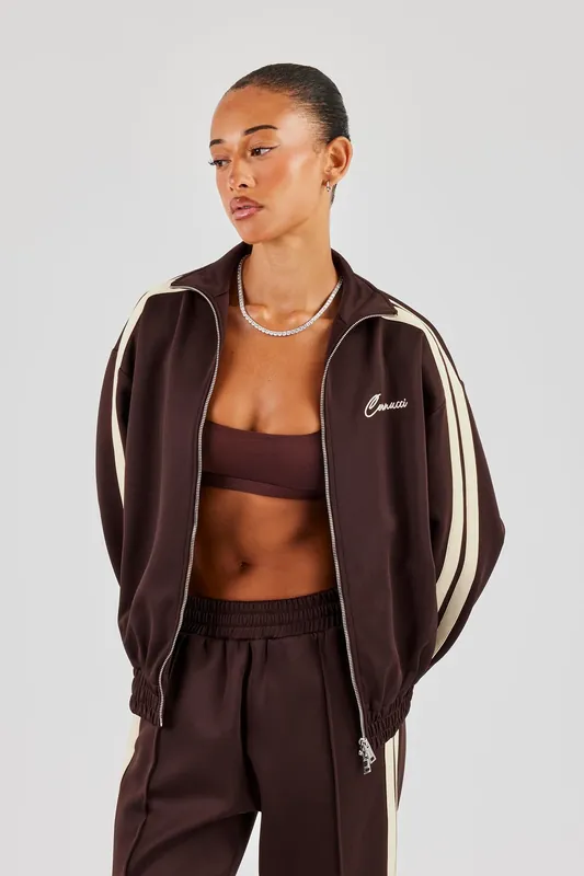 Funnel Neck Taping Zip Through Track Jacket - Chocolate