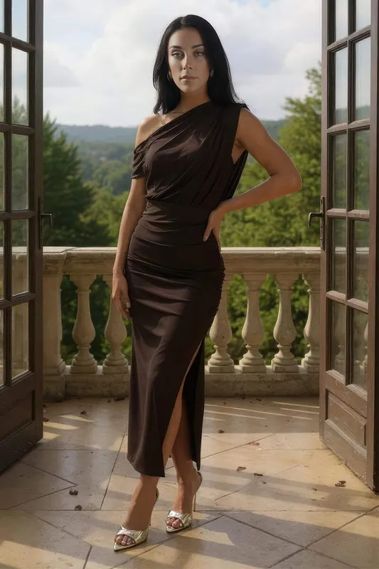 Chocolate Off The Shoulder Draped Top Midi Dress - AX Paris