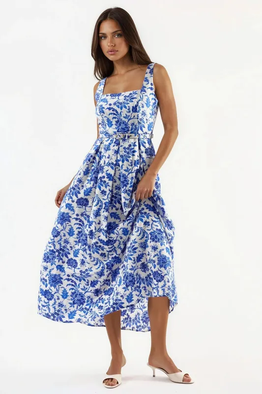Floral Midi Dress with Square Collar - Busem