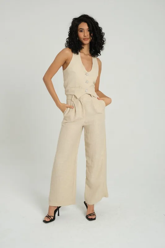 V Neck Tweed Waistcoat & High Waist Wide Leg Trousers Set - Hiccup