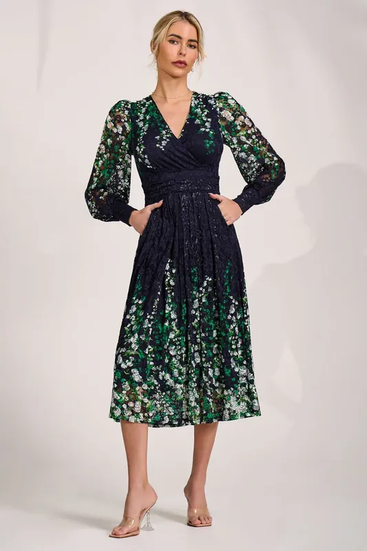 Long Sleeve Printed Lace Midi Dress - Jolie Moi