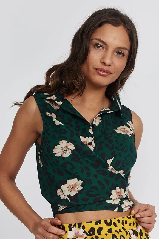 Leopard and Floral PrintShirt Tie Front - Liquorish