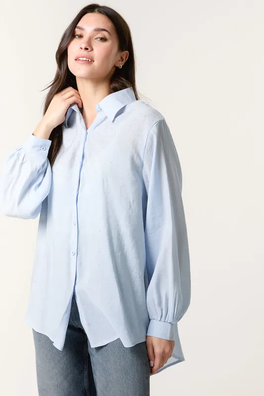 Blue Diamante Detailed Classic Shirt - Blue Vanilla