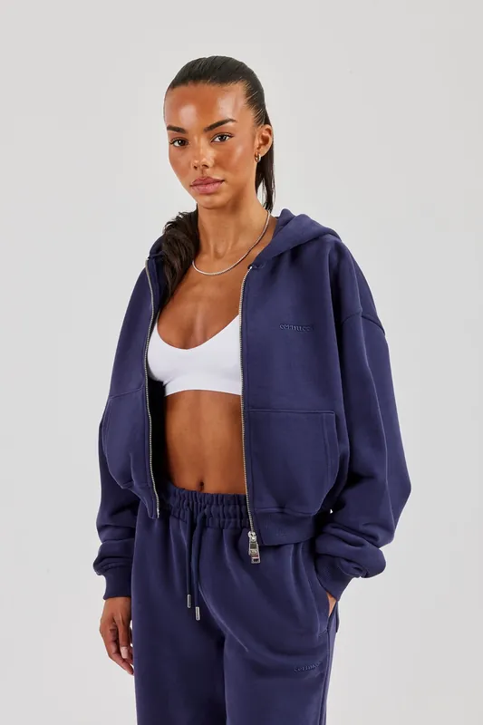 Cropped Zip Through Hoodie - Navy
