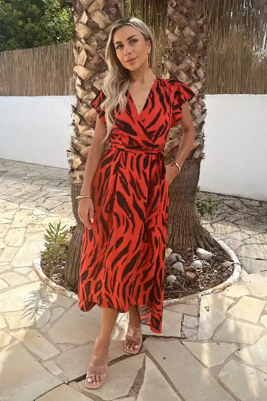 Orange Tiger Print Flutter Sleeve Belted Wrap Midi Dress - AX Paris