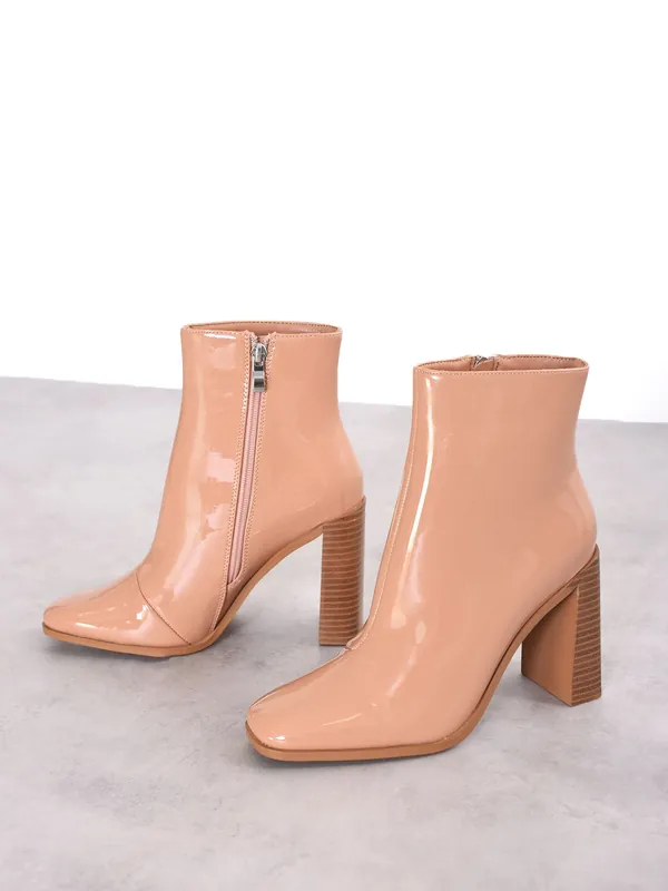 Beige Patent Square-Toe Chunky Heel Boots