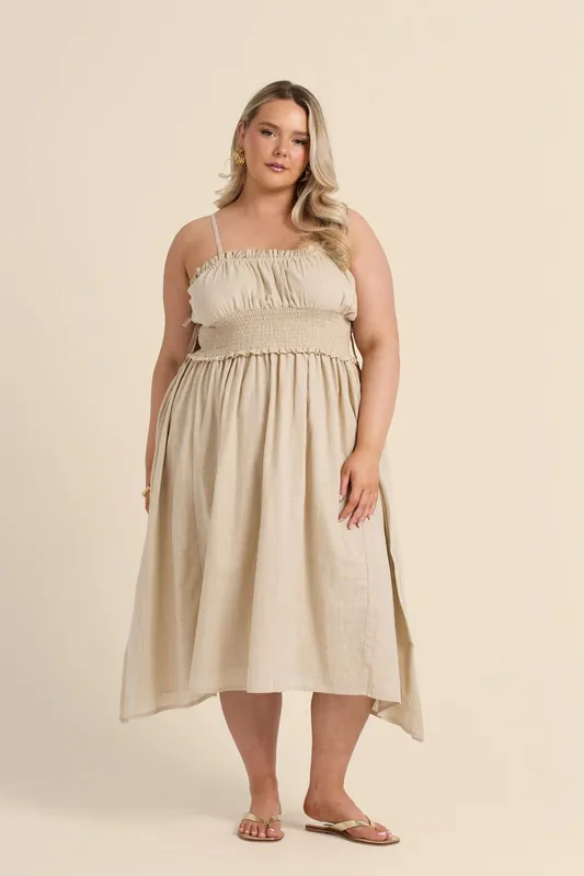 Curve Shirred Waist Linen Look Midi Dress - FASHION-SZN