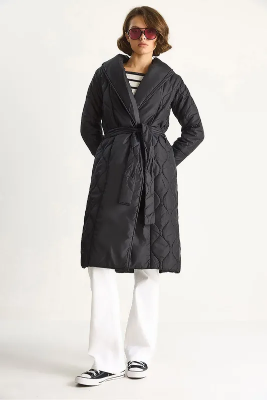 Textured Shawl Collar Midi Puffer Jacket with Tie Closure - Bianco Lucci