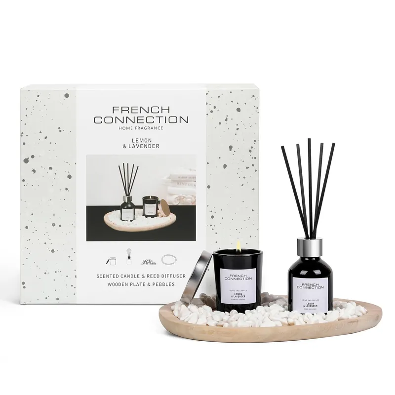Home Fragrance Gift Set Lemon & Lavender, Scented Candle & Reed Diffuser with Wooden Plate & Pebbles - French Connection