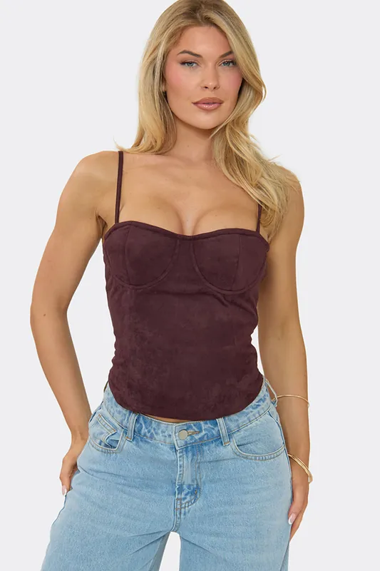 Strappy Lace Up Sweetheart Neckline Faux Suede Corset Top - EGO
