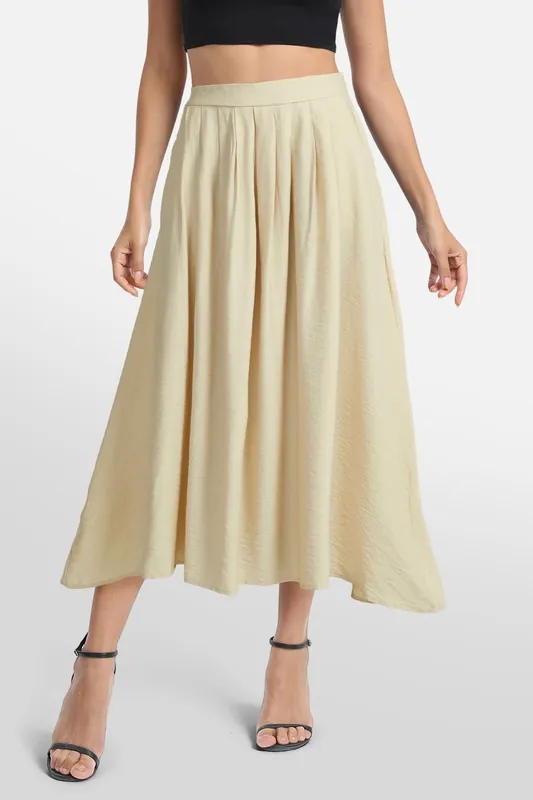 High Waist A-line Midi Skirt with Partially Elastic Waistband and Pockets