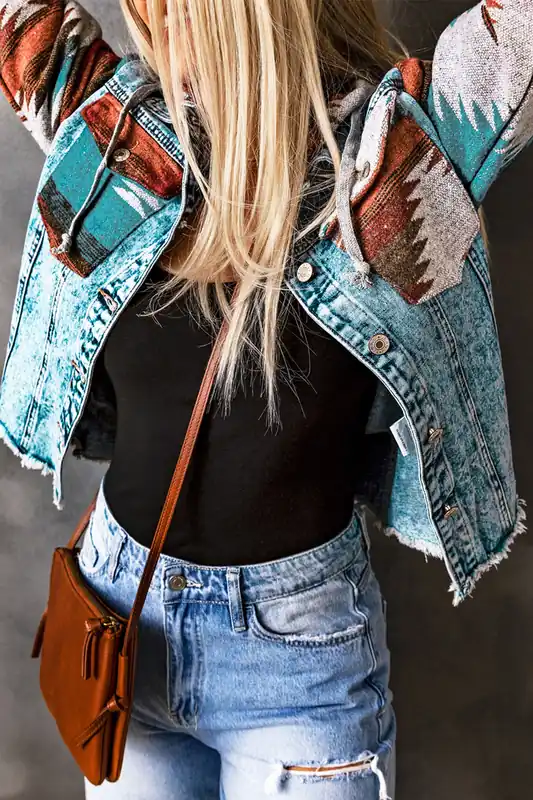 Hooded Denim Jacket Southwestern Pattern - Everyday The Label