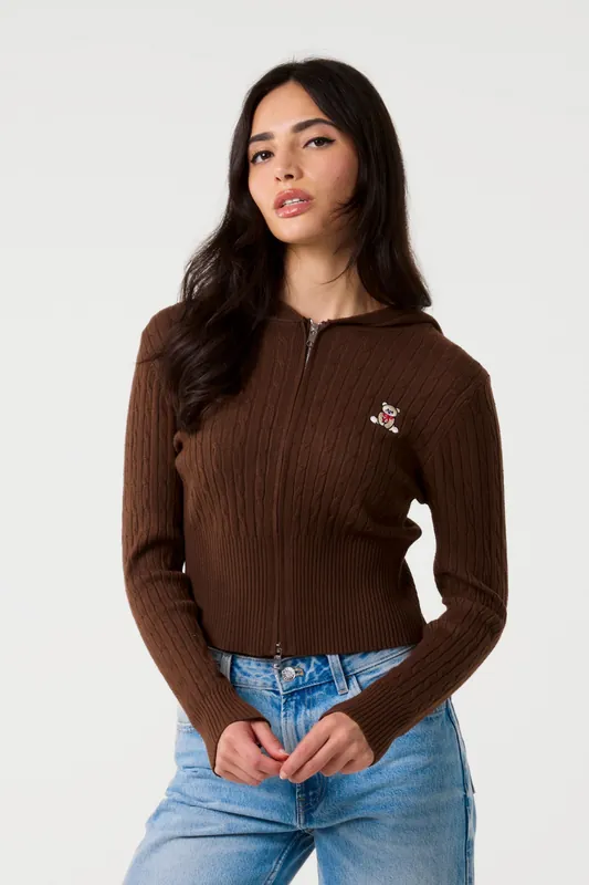 Brown Cable Knit Bear Hoodie - Pink Vanilla
