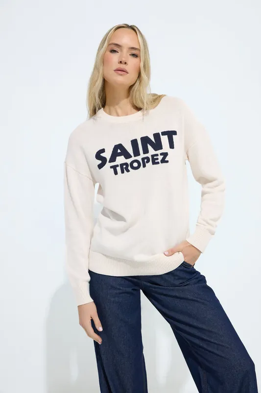 Tall 'Saint Tropez' Slogan Boucle Jumper - Long Tall Sally