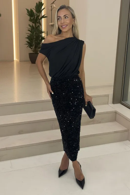 Black Velvet Sequin Midi Skirt - AX Paris