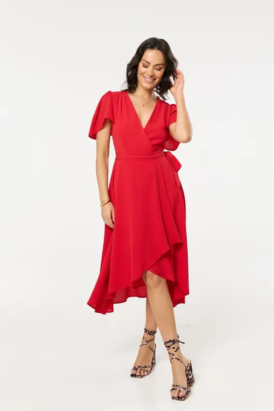 Red Wrap Midi Dress with Flutter Sleeves - Liquorish