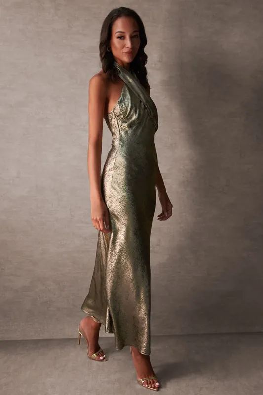 Luxe Gold Twist Halter Neck Maxi Dress - Blue Vanilla