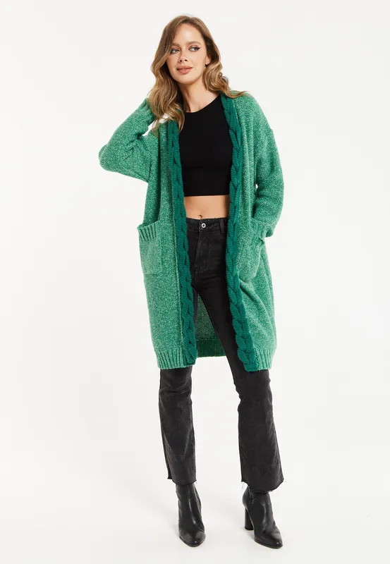 Chunky Knit Open-Front Green Cardigan with Cable Detailing