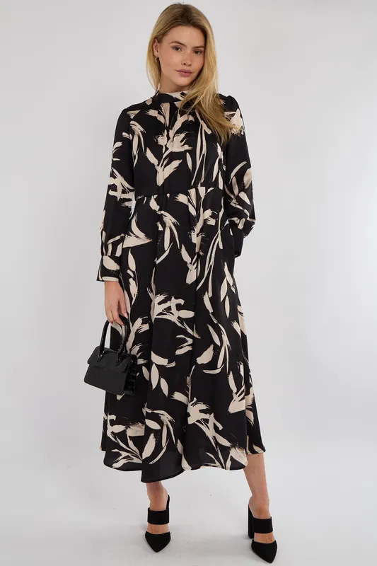Black Brushstroke Print Pleated Skirt Satin Maxi Dress - Love Sunshine