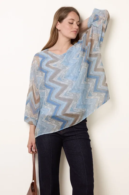 Blue Zig Zag Round Neck Oversized Top - Blue Vanilla