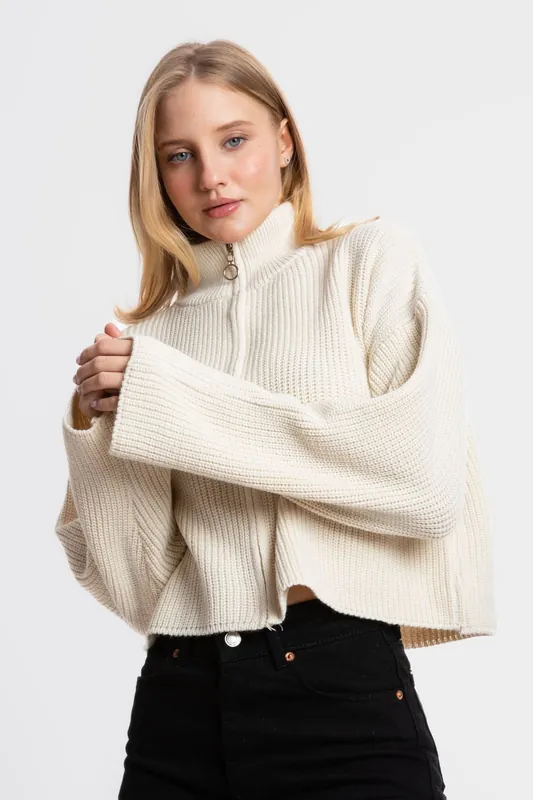 Zippered Relaxed Fit Knit Cardigan - Hiccup