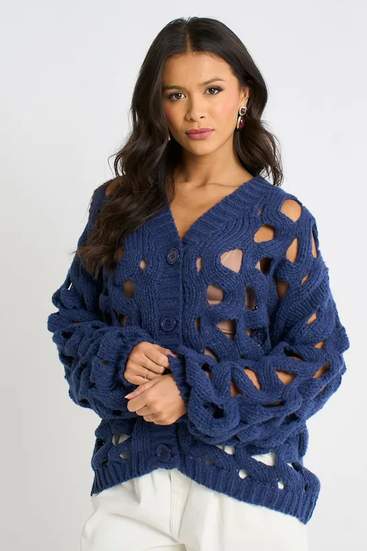 Navy Hollow Chunky Knit Cardigan - Gini London