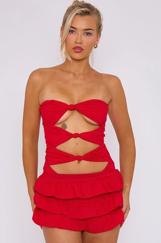 Ruffle Skirt Skort and Cut Out Knot Front Bandeau Co-ord Set