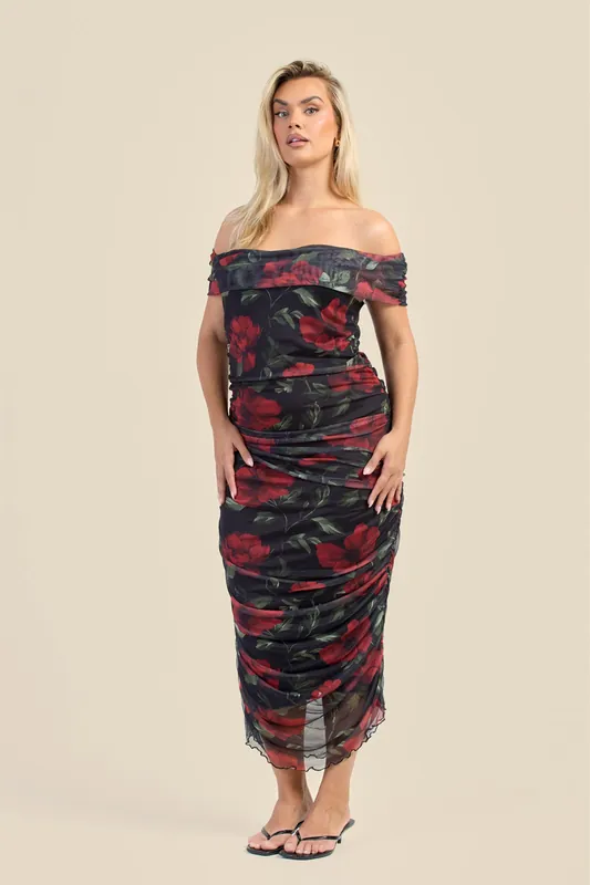 Curve Bardot Mesh Rose Print Midi Dress - FASHION-SZN