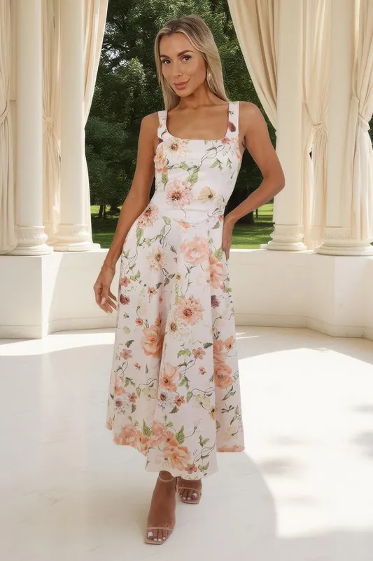 Multi Floral Print Square Neck A-line Midi Dress