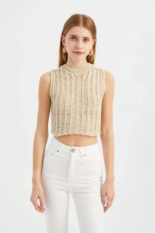 Openwork Crew Neck Knitted Cropped Blouse - Hiccup