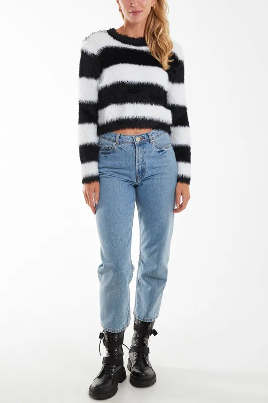 Black Striped Fluffy Knit Jumper - Pink Vanilla