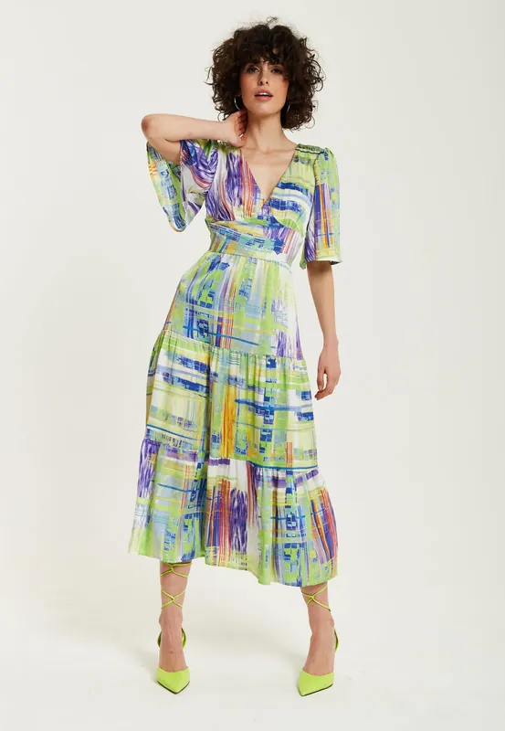 Green Abstract Print Midi Dress with Short Sleeves - Liquorish