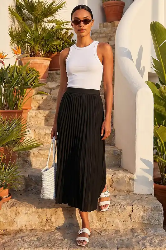 Pleated Elastic Waist Maxi Skirt - Roman