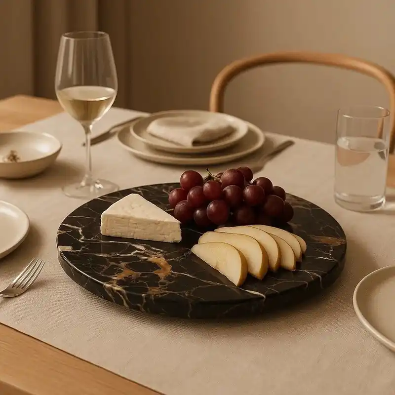 Black & Gold Marble Lazy Susan, Round Rotating Serving Tray, Circular Stone Turntable, Cheese Board Slab - Orsina
