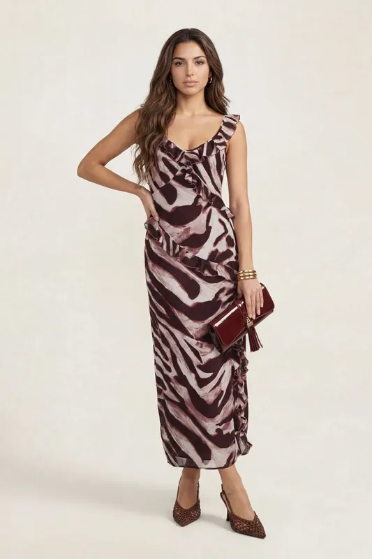 Animal Ruffle Maxi Dress Burgundy - Urban Bliss