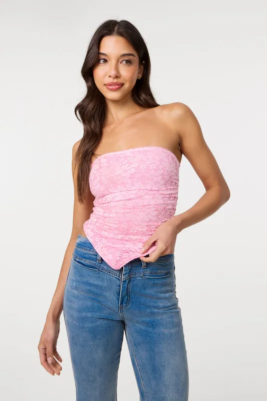 Pink Bandeau Ruched Side Lace Top - Pink Vanilla