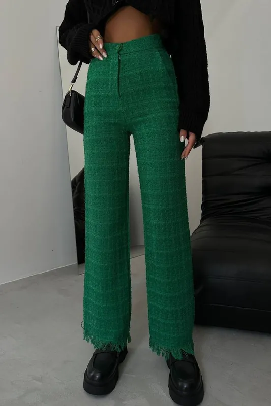 Tweed High Waist Straight Leg Trousers with a Tassel Hem - Hiccup