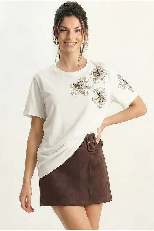 Floral Embroidered Crew Neck T-Shirt