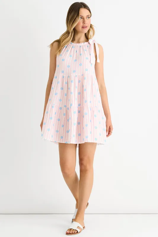 Pink Floral Stripe Cotton Tie Summer Mini Dress - Gini London