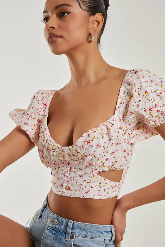 Cut Out Broderie Crop Top - Pink Vanilla