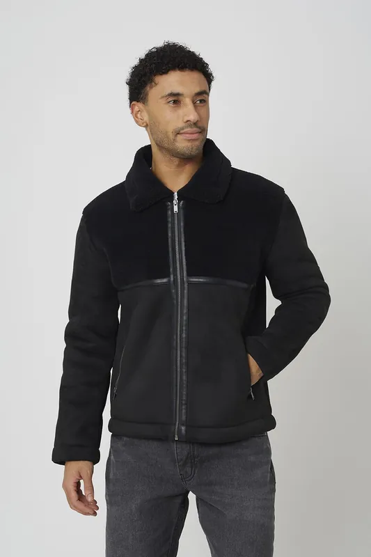 Faux Suede Jacket With Borg Panel Detail - Brave Soul
