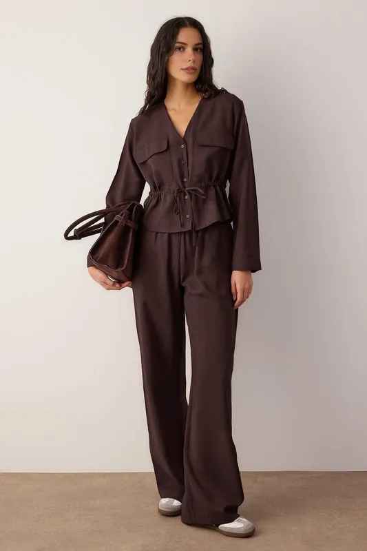 2 Piece Woven Soft Textured Blouse and Wide Leg Trousers Set - WOVCOR