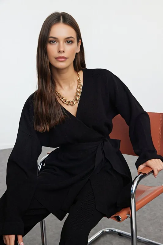 Oversized Tie Waist Knit Top & Wide Leg Pants Two Piece Set - WOVCOR