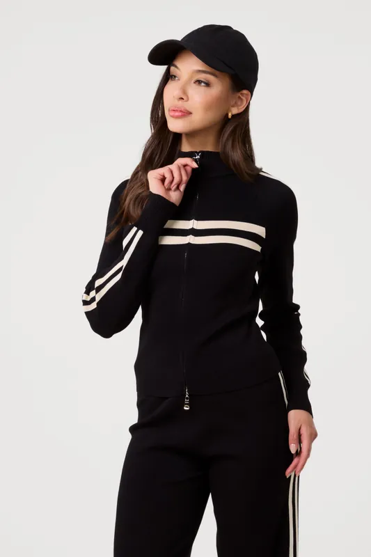 Black Stripe Front Zip Up Sweatshirt - Pink Vanilla