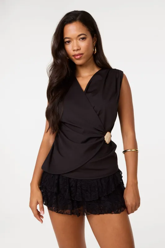 Black Stone Buckle Cross Over Slinky Top - Pink Vanilla
