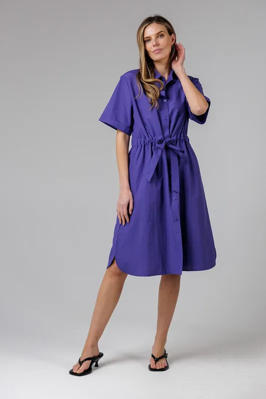 Cotton Blend Short Sleeve Tie Waist Poplin Midi Shirt Dress - French Connection