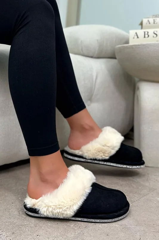 Crystal Trim Soft Cosy Faux Fur Lined Slippers - Love Lemonade