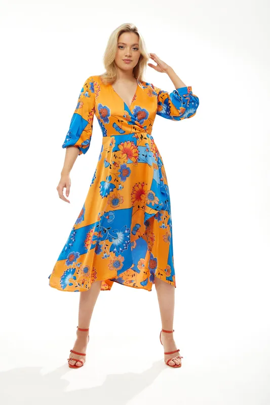 Midi Dress In Orange & Blue Floral Print - Liquorish
