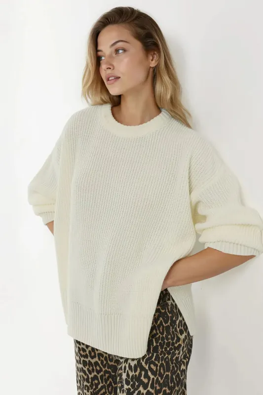Textured Crew Neck Knitted Sweater - Hiccup