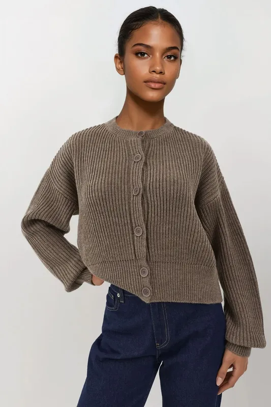 Textured Crew Neck Long Sleeve Cardigan with Buttons - Hiccup